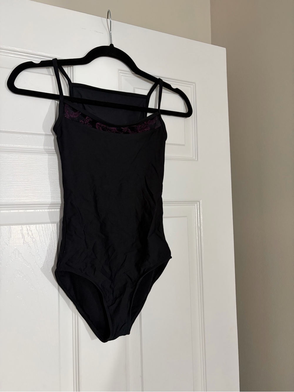 Wear Moi Black with Purple Flourishes Leotard